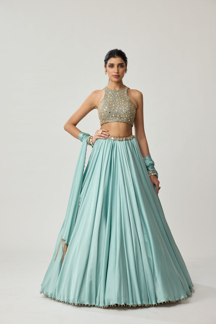 Powder Blue Mirror Satin Skirt Set