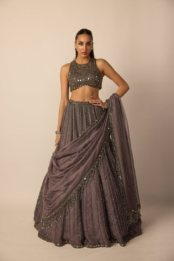 Metallic Grey Linear Lehenga Set