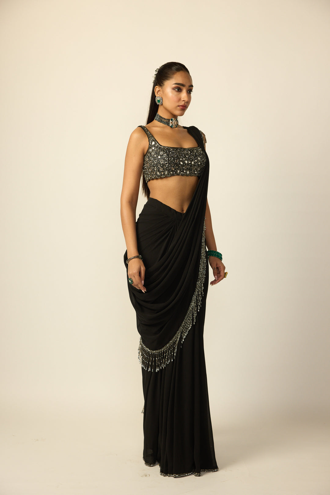 Black Georgette Tassel Saree