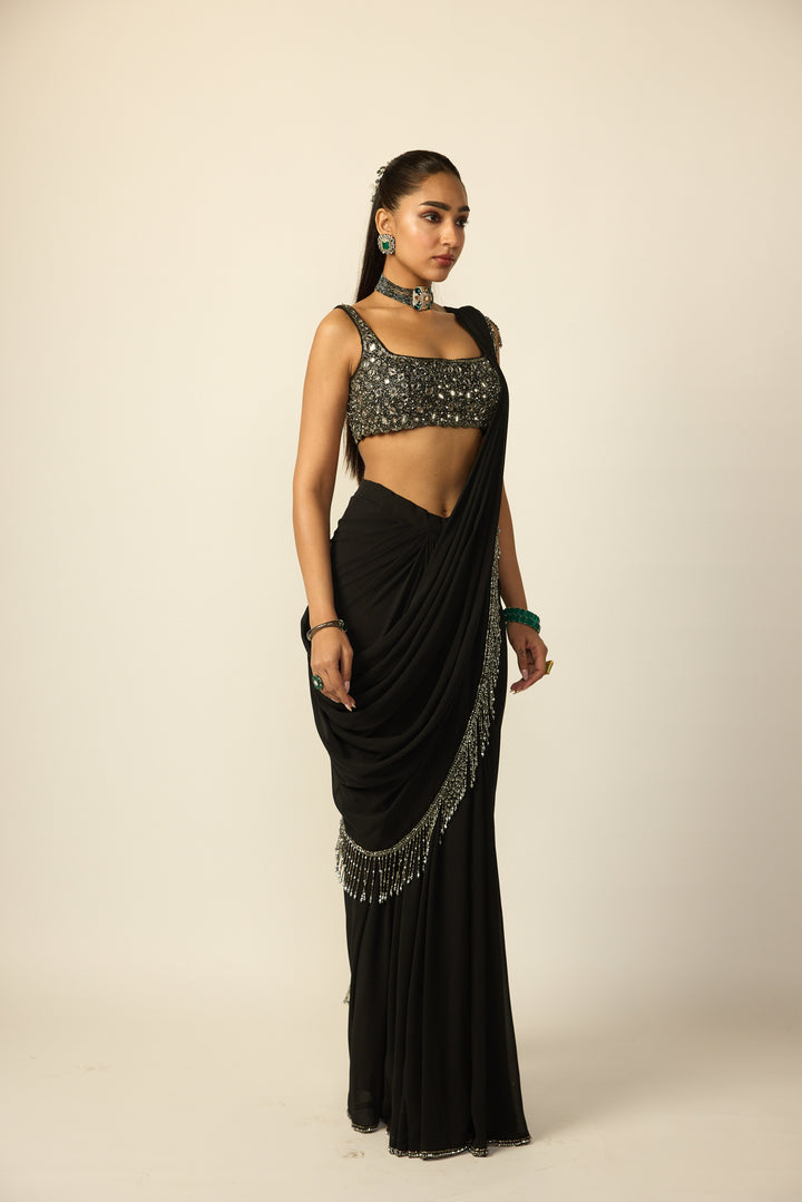 Black Georgette Tassel Saree