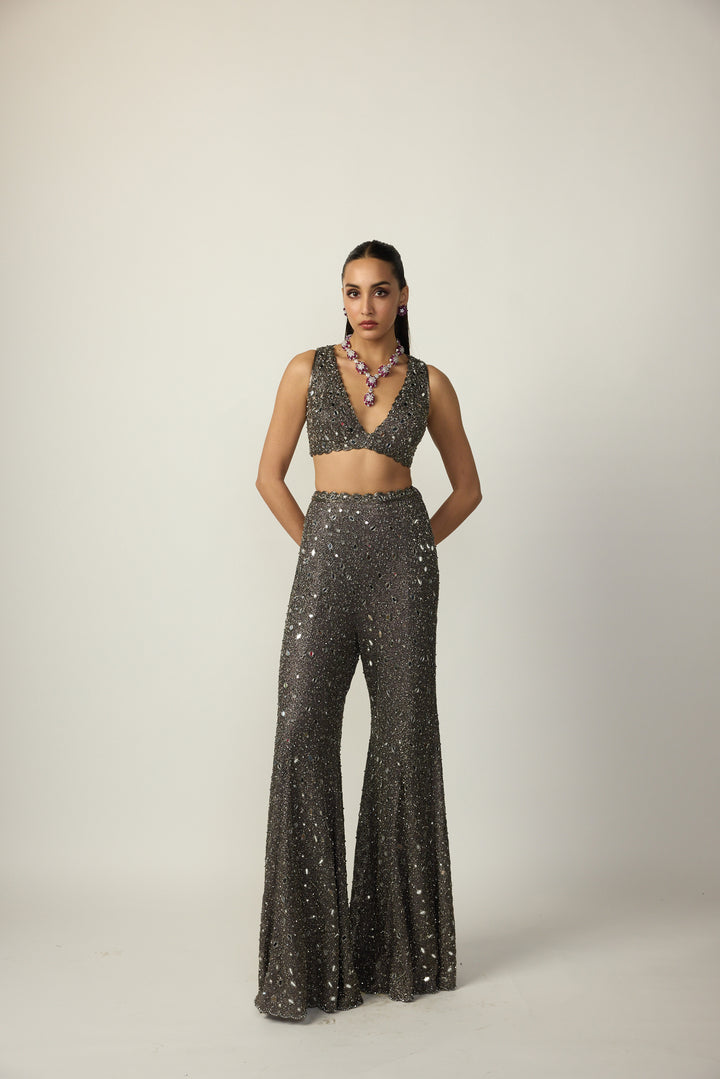Metallic Grey Blouse Sharara Pant Set