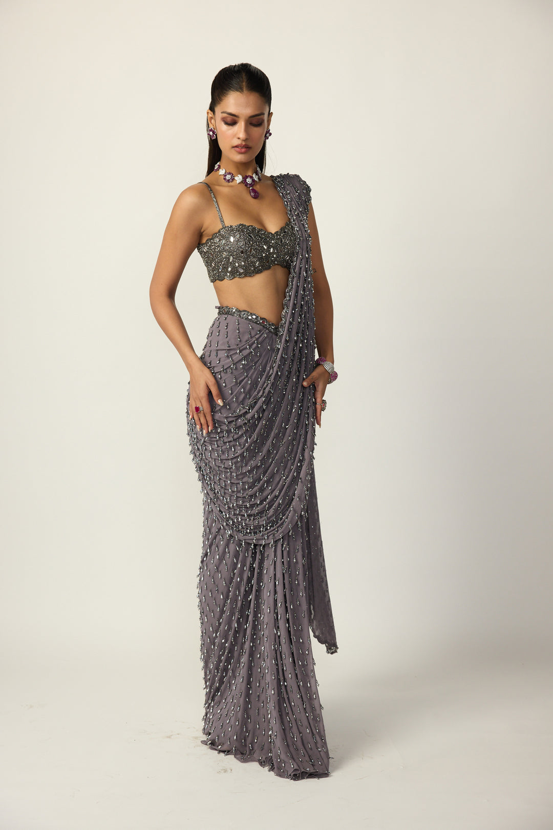 Metallic Grey Single Drop Draped Saree Set