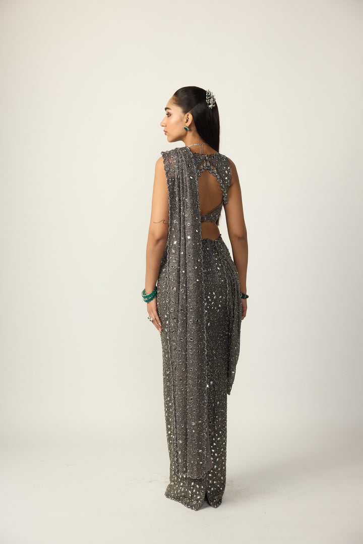 Metallic Grey Draped Saree Set