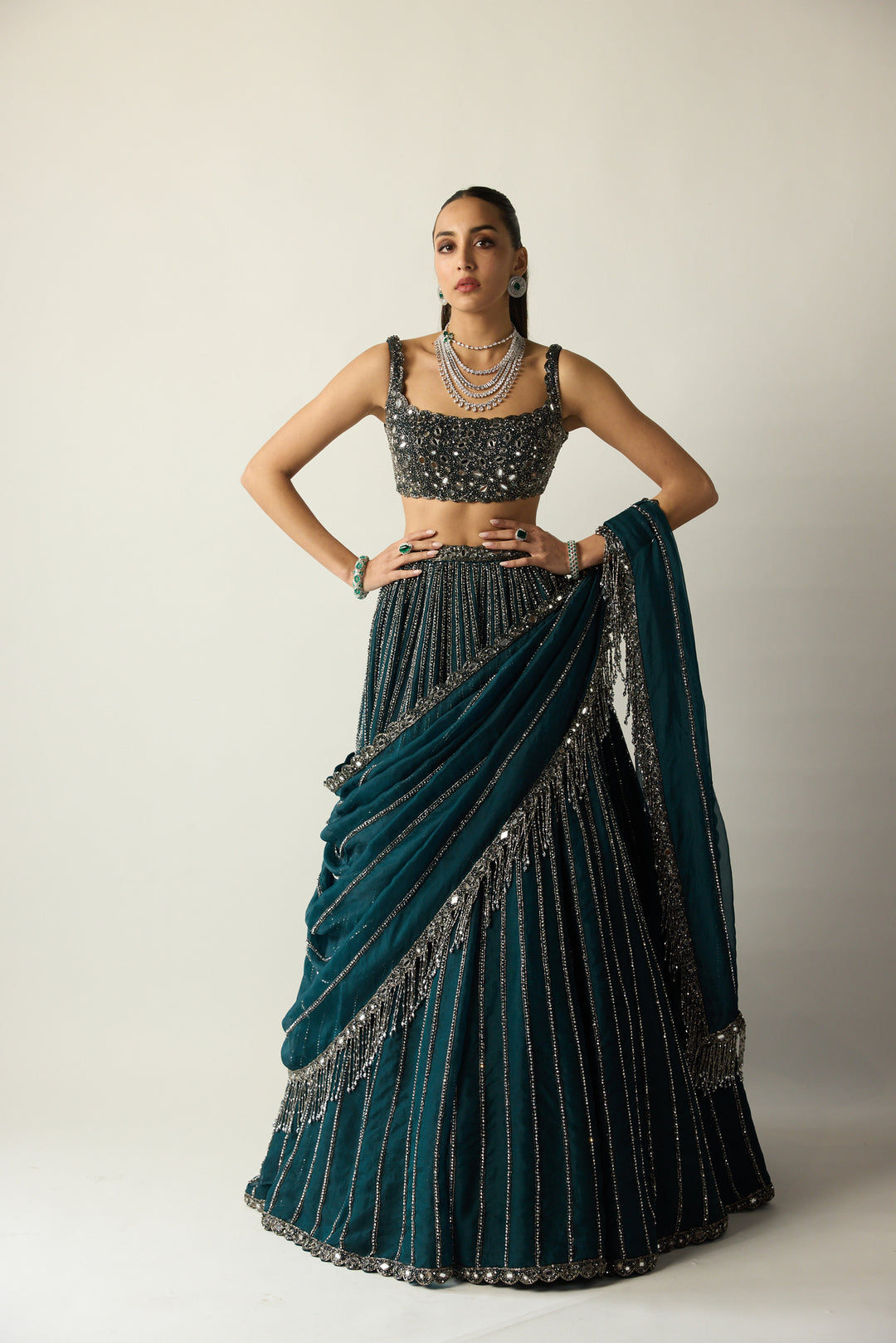 Dark Teal Linear Lehenga Set
