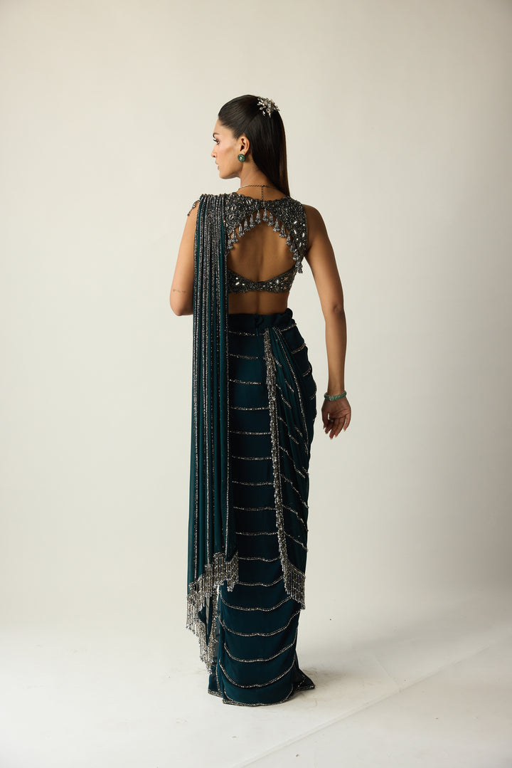 Dark Teal Linear Draped Saree