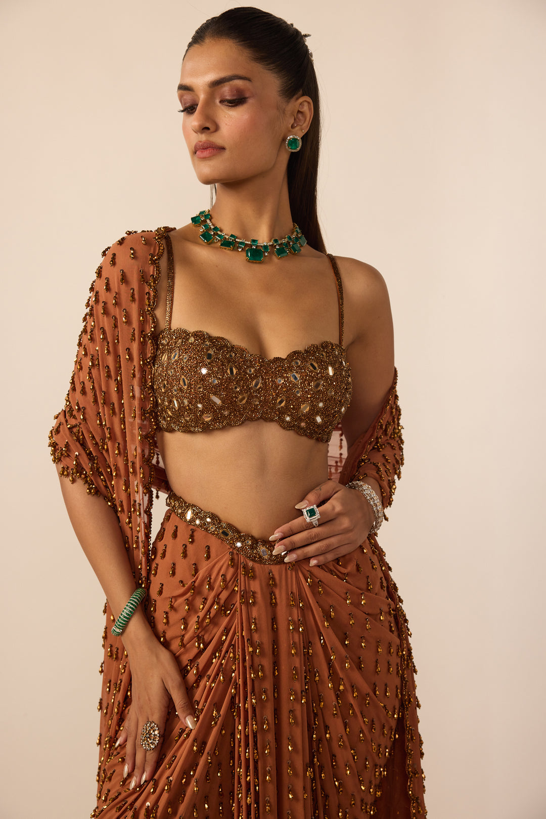 Metallic Copper Single Drop Skirt Set