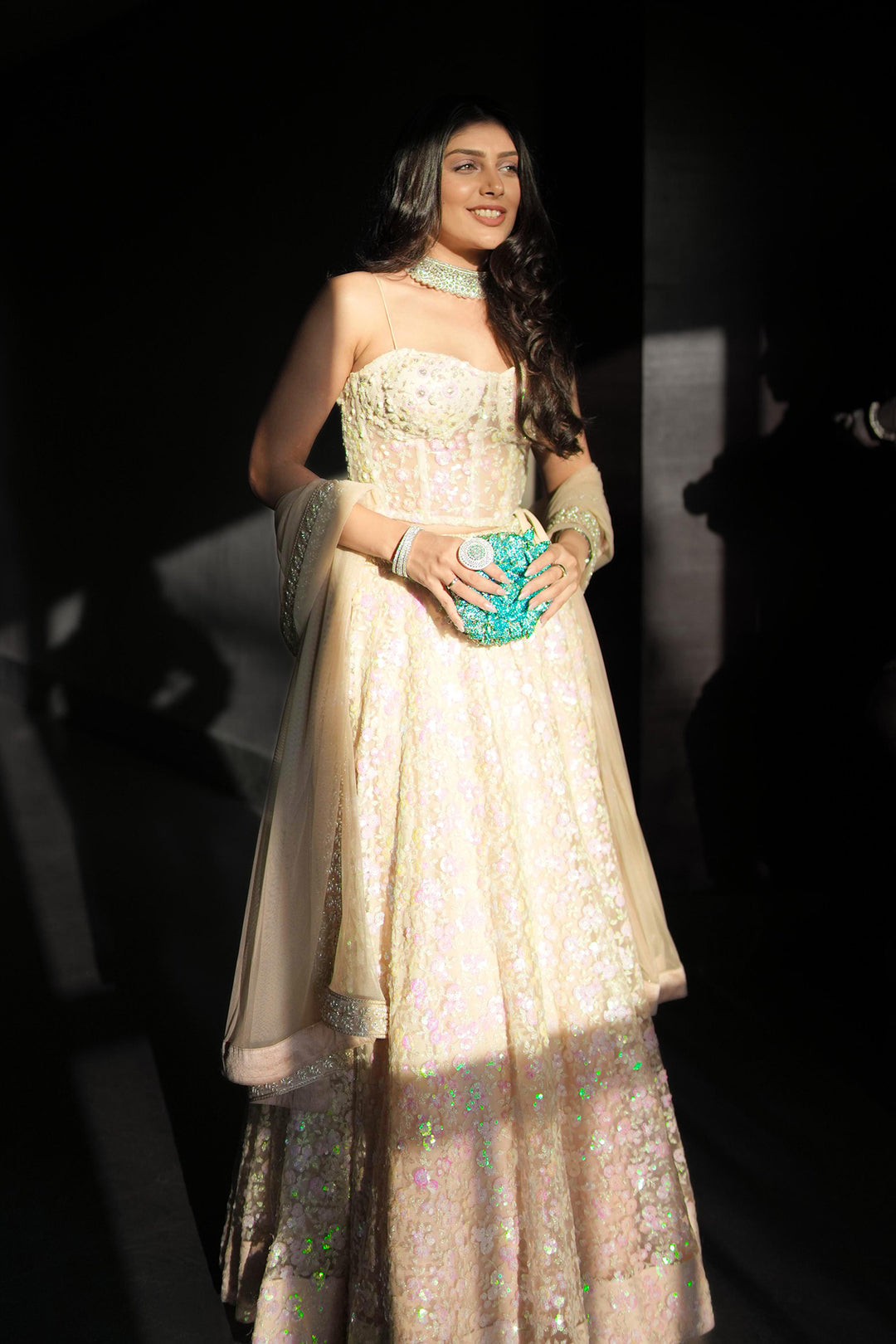 Beige Sequin Work Corset And Lehenga Set