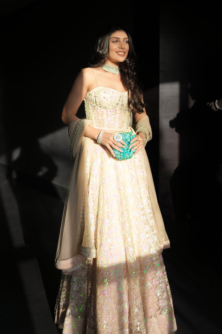 Beige Sequin Work Corset And Lehenga Set