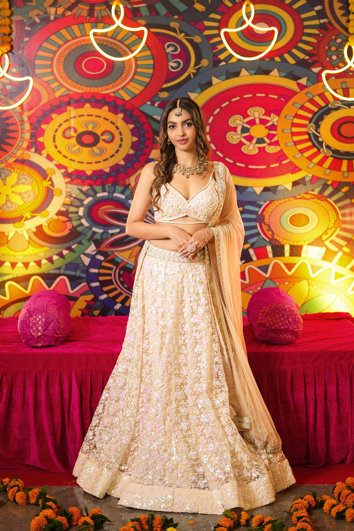 Beige Sequin Work Lehenga Set