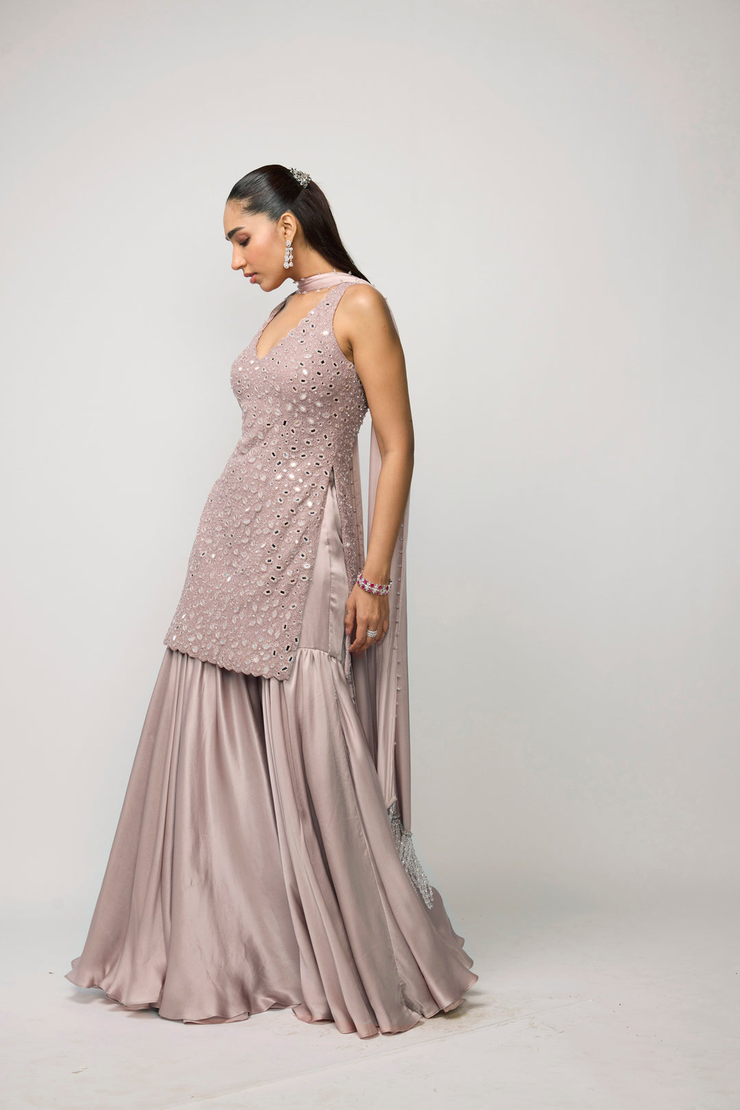 Ash Pink Satin Sharara Set