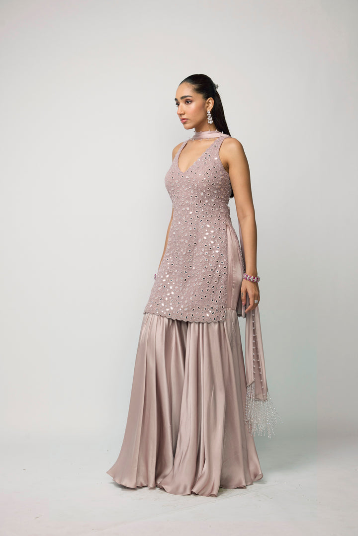 Ash Pink Satin Sharara Set
