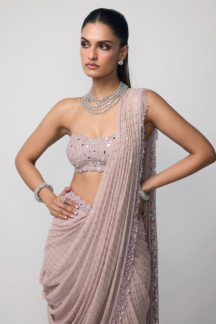 Ash Pink Drapded Saree Set