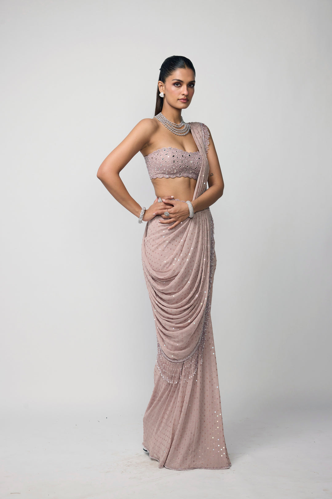 Ash Pink Drapded Saree Set