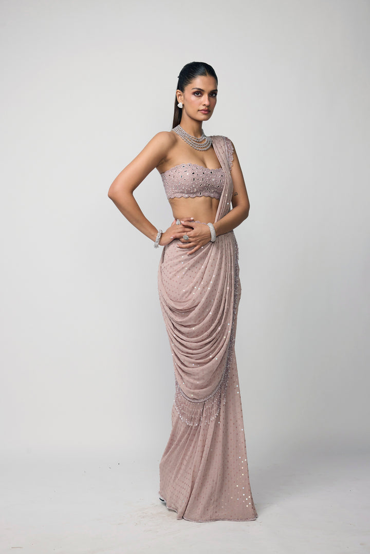 Ash Pink Drapded Saree Set