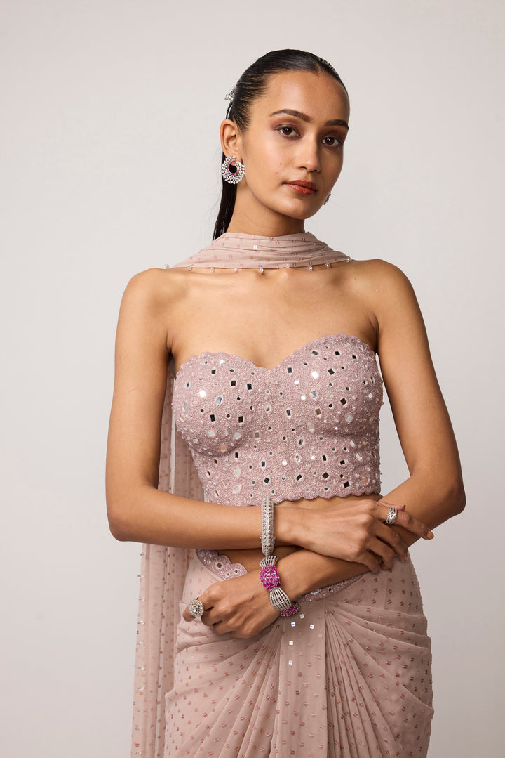 Ash Pink Draped Sequins Embroidered Skirt Set
