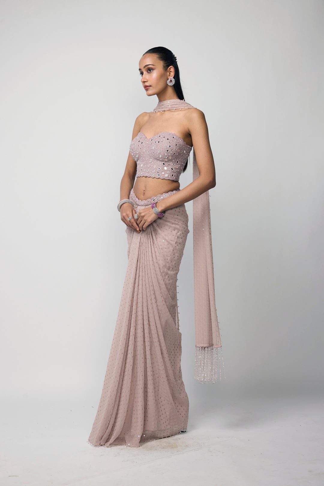 Ash Pink Draped Sequins Embroidered Skirt Set