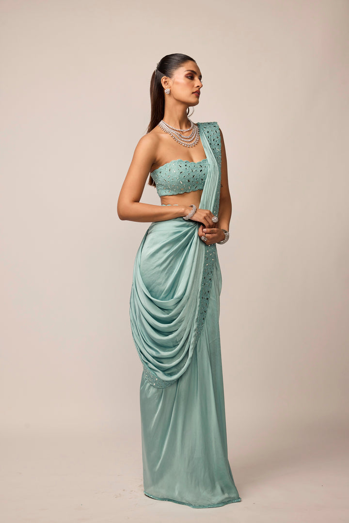 Powder Blue Satin Draped Saree Set