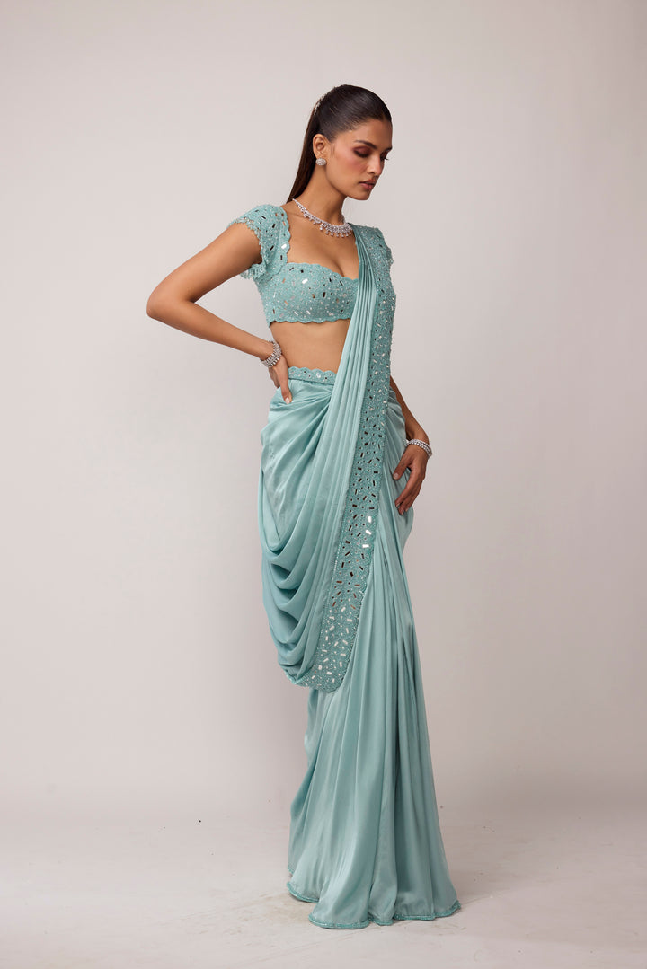 Powder Blue Draped Saree Set