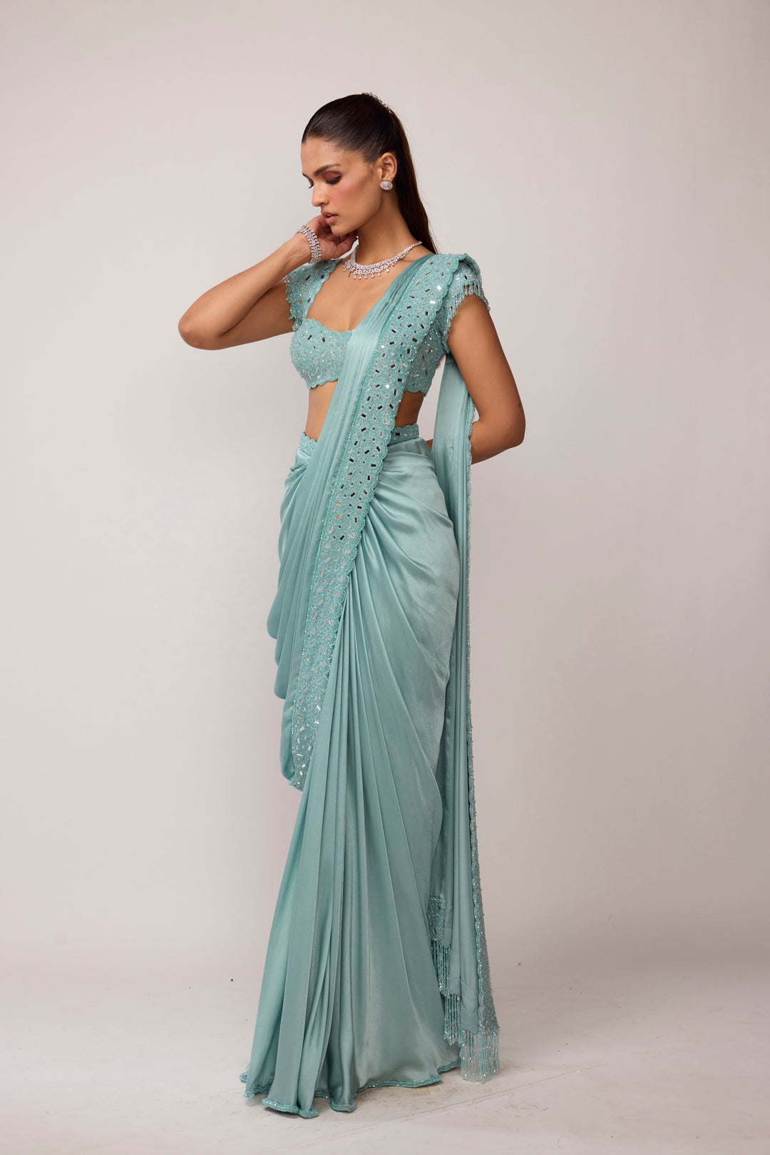 Powder Blue Draped Saree Set