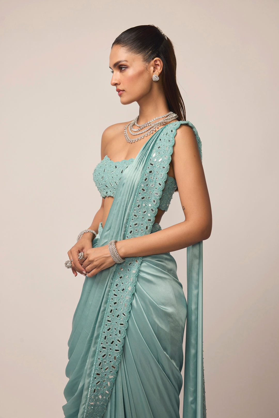 Powder Blue Satin Draped Saree Set