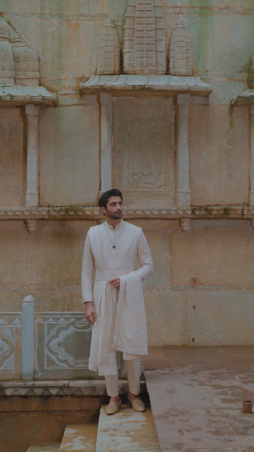 Beige Geometric Embroidered Raw Silk Sherwani Set