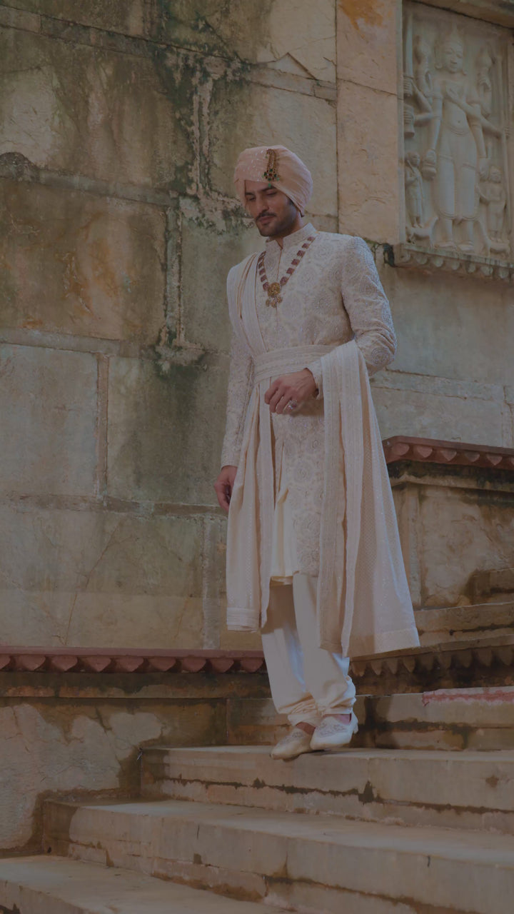Light Beige Raw Silk Sherwani Set