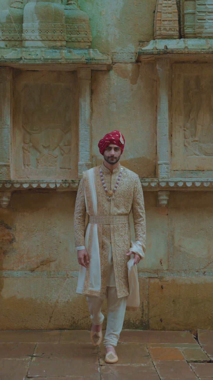 Gold Dupion Silk Sherwani Set