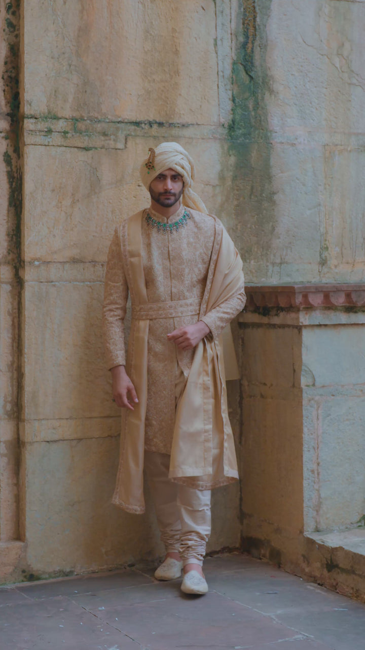 Gold Woven Banarasi Sherwani Set