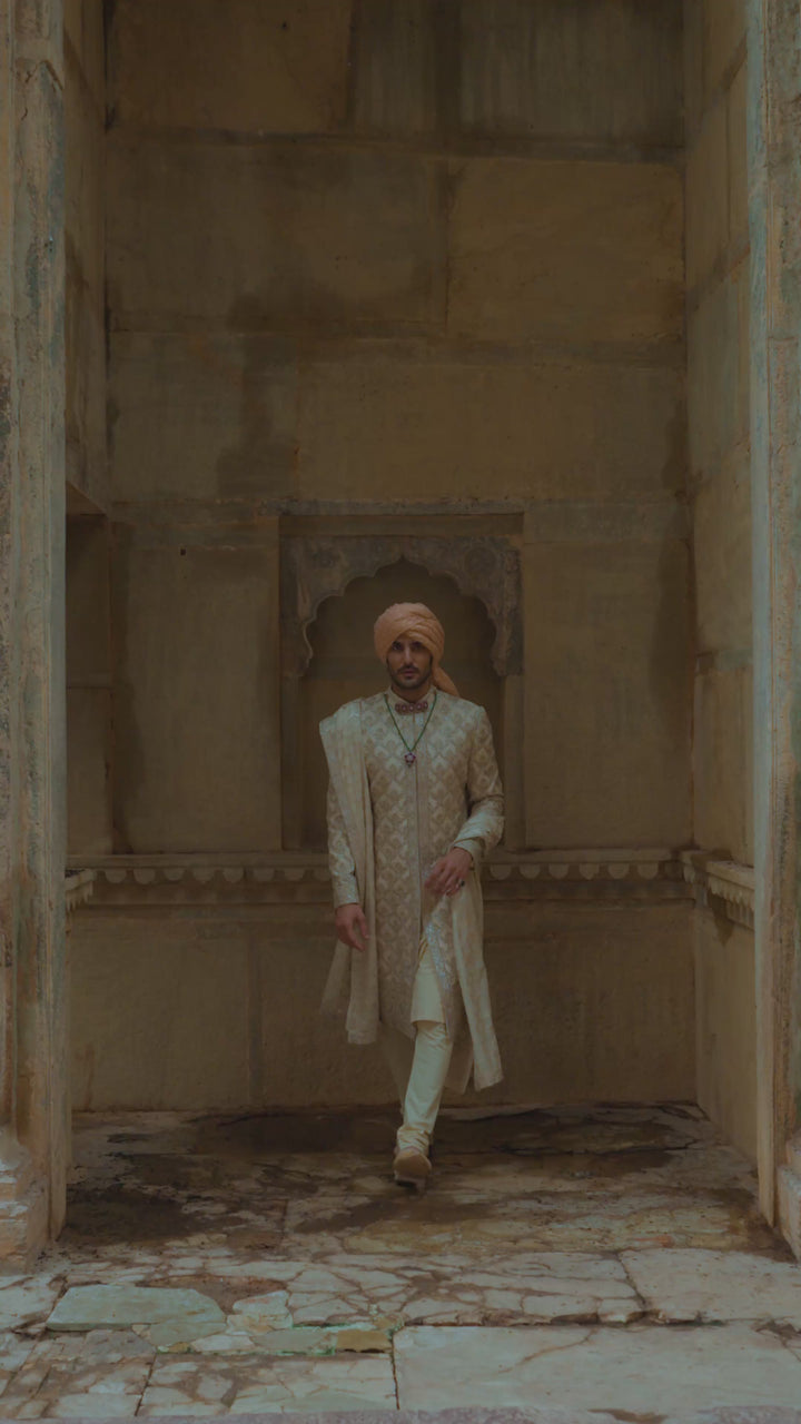 Ivory Tafetta Silk Dabka Jaal Sherwani Set