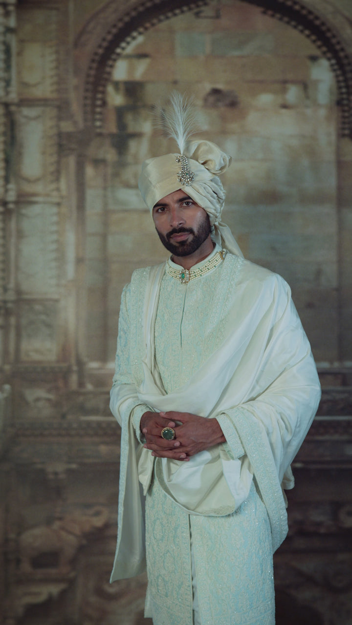 Powder Blue Taffeta Sherwani Set