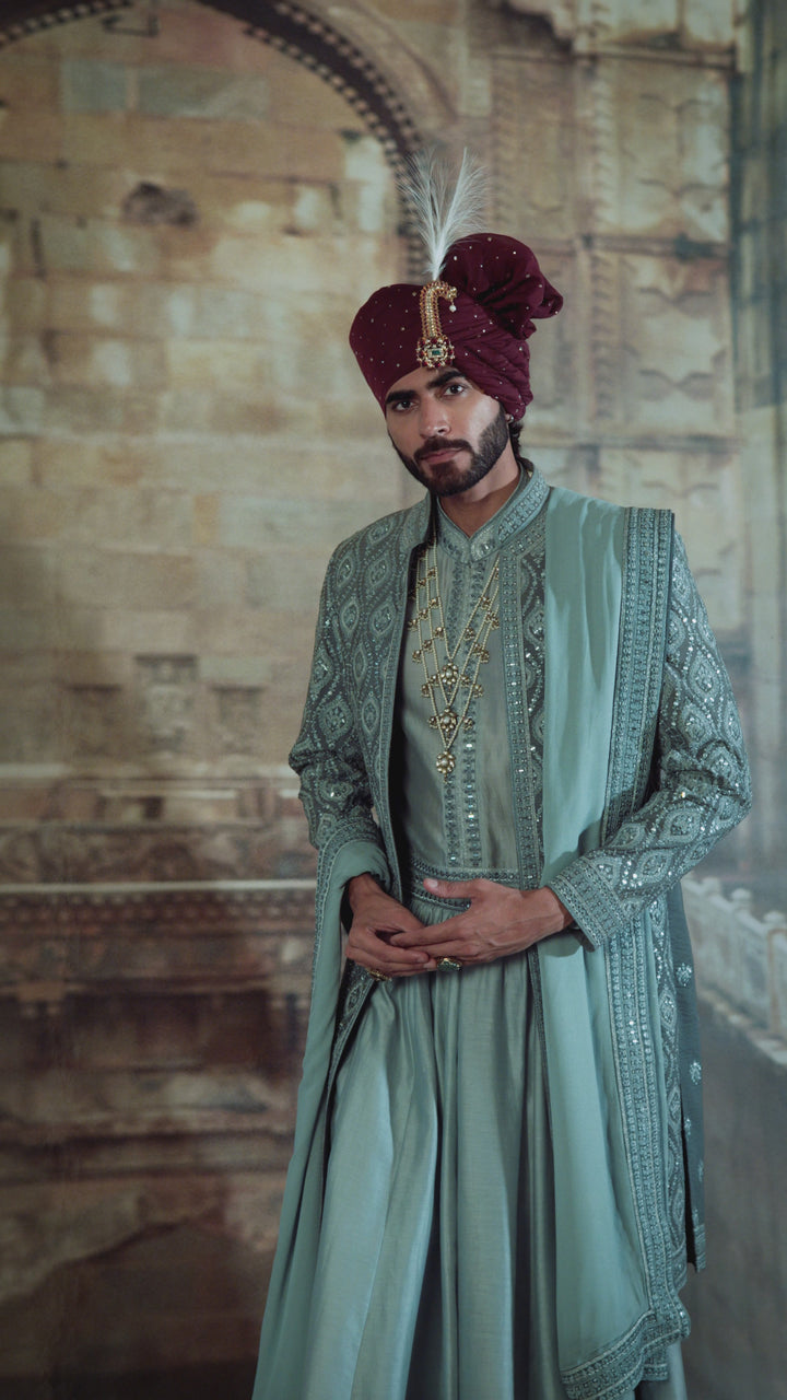 Blue Grey Open Sherwani Jacket With Choga And Churidar