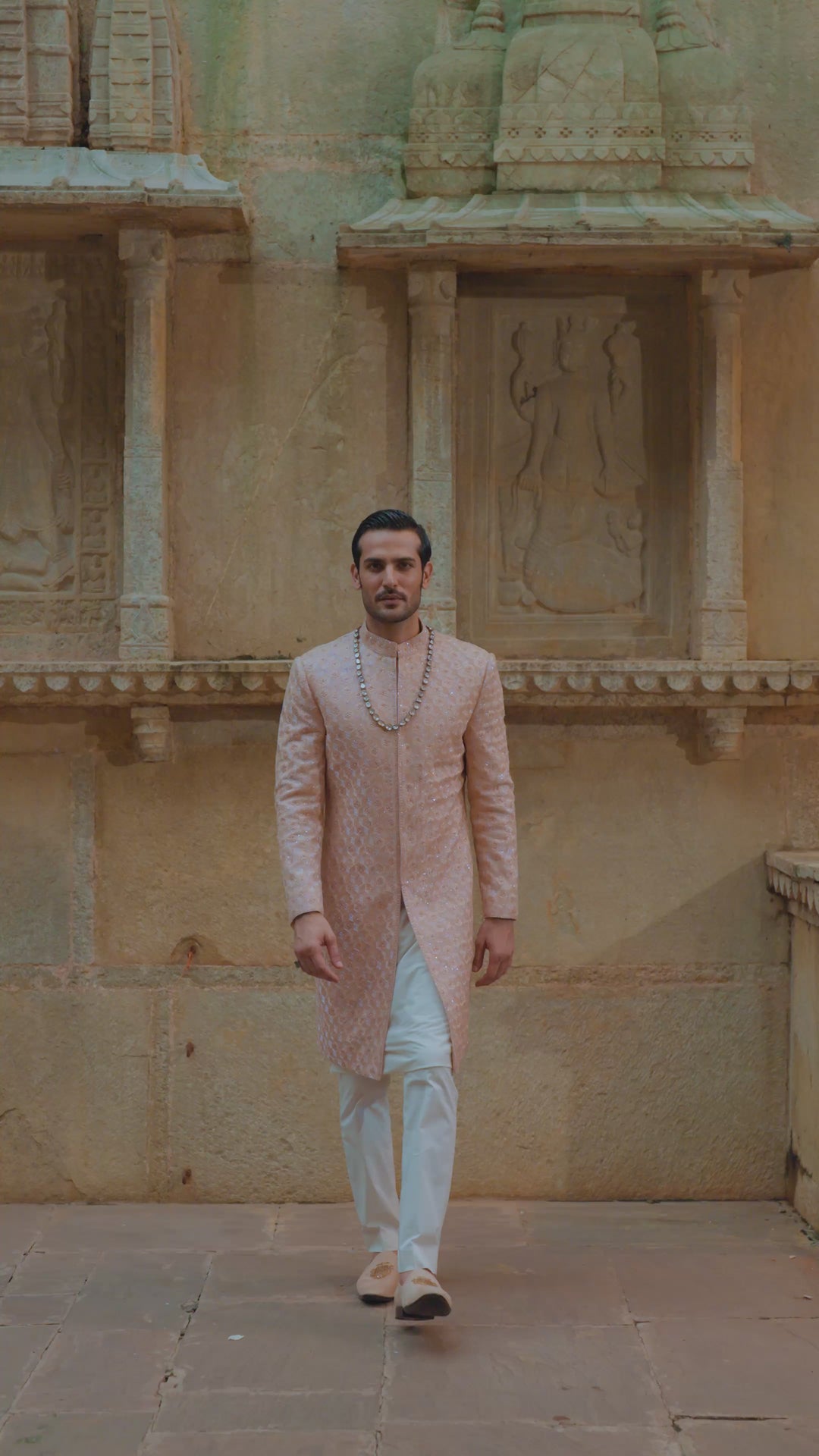 Peach Geometric Sherwani With Kurta & Trouser Set
