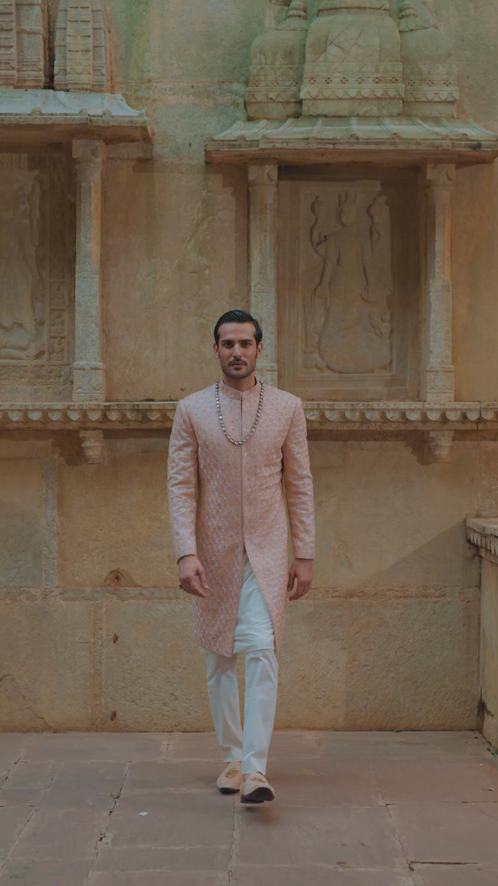 Peach Geometric Sherwani With Kurta & Trouser Set