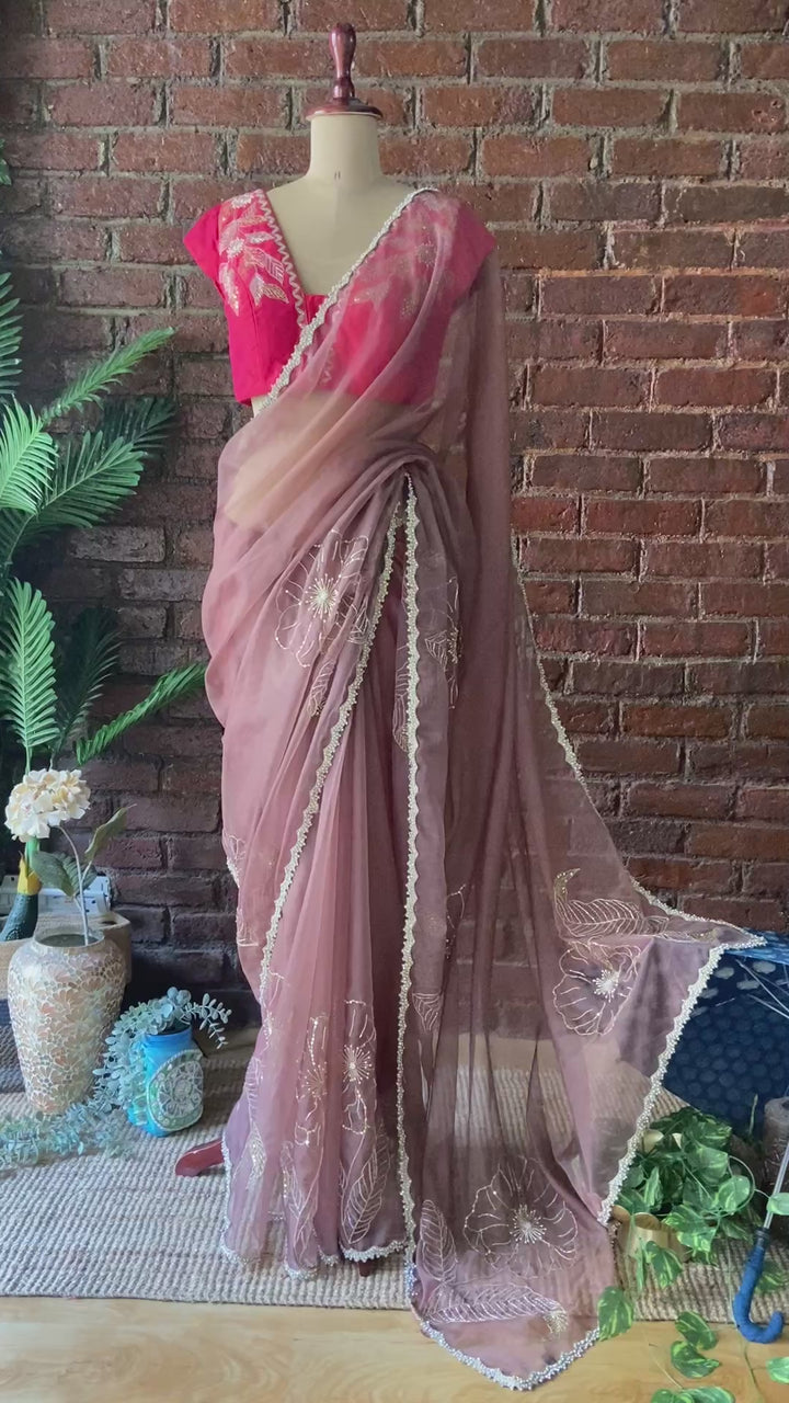 Burnt Burgundy Organza Embroidered Saree