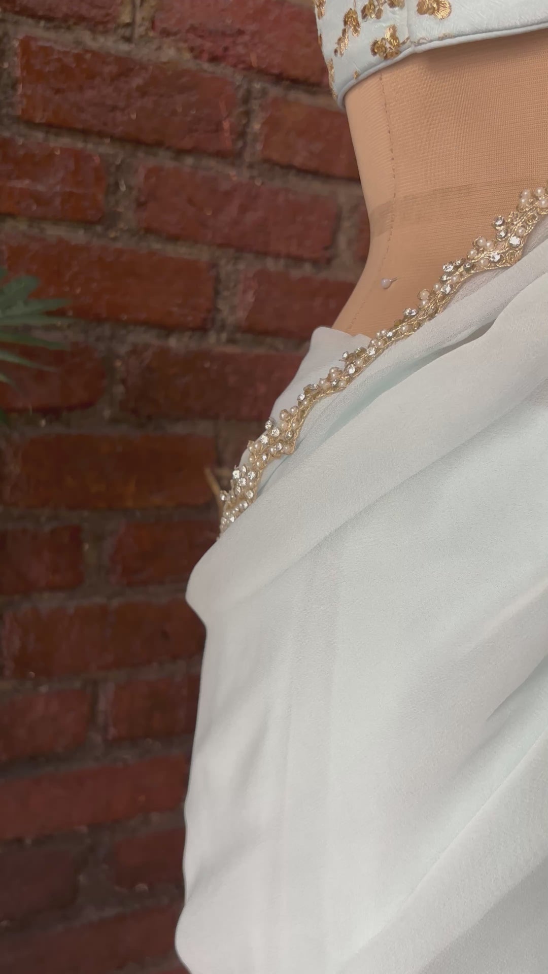 Powder Blue Pre-Draped Saree With Zari Work Bustier