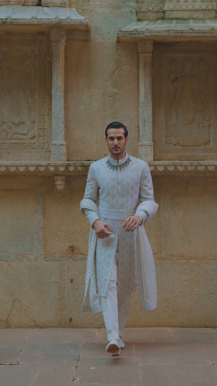 Grey Silver Embroidered Sherwani Set