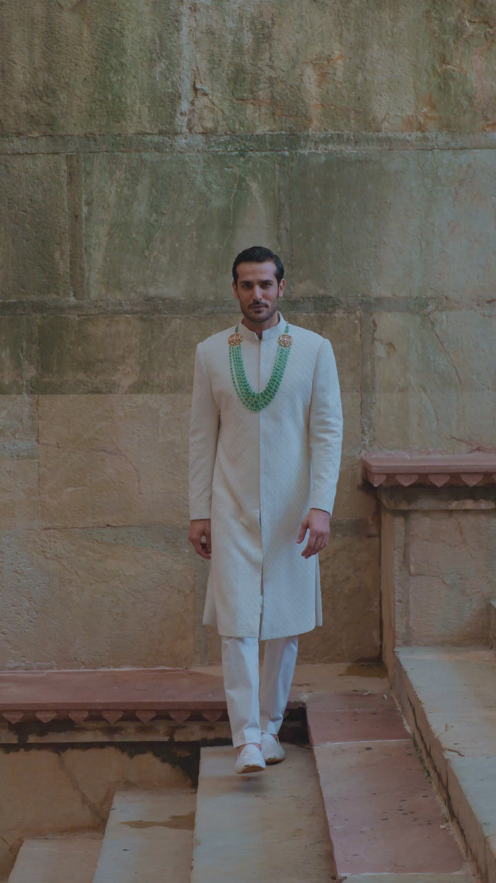 Ivory All Over Geometric Embroidered Sherwani Set