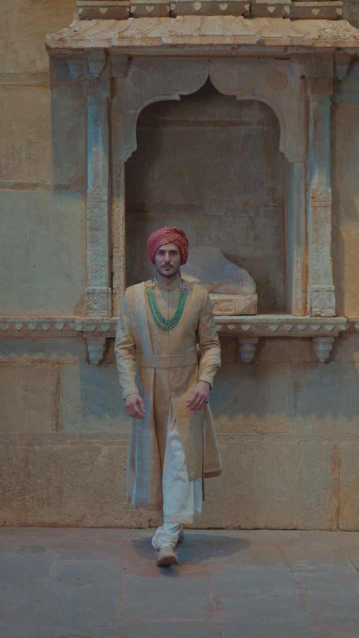 Salmon Matka Sherwani Beige Kurta Churidar Set