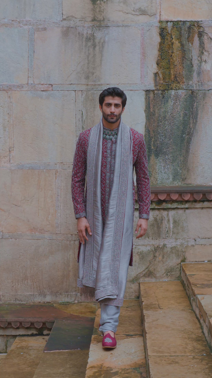 Burgundy Raw Silk Sherwani Set