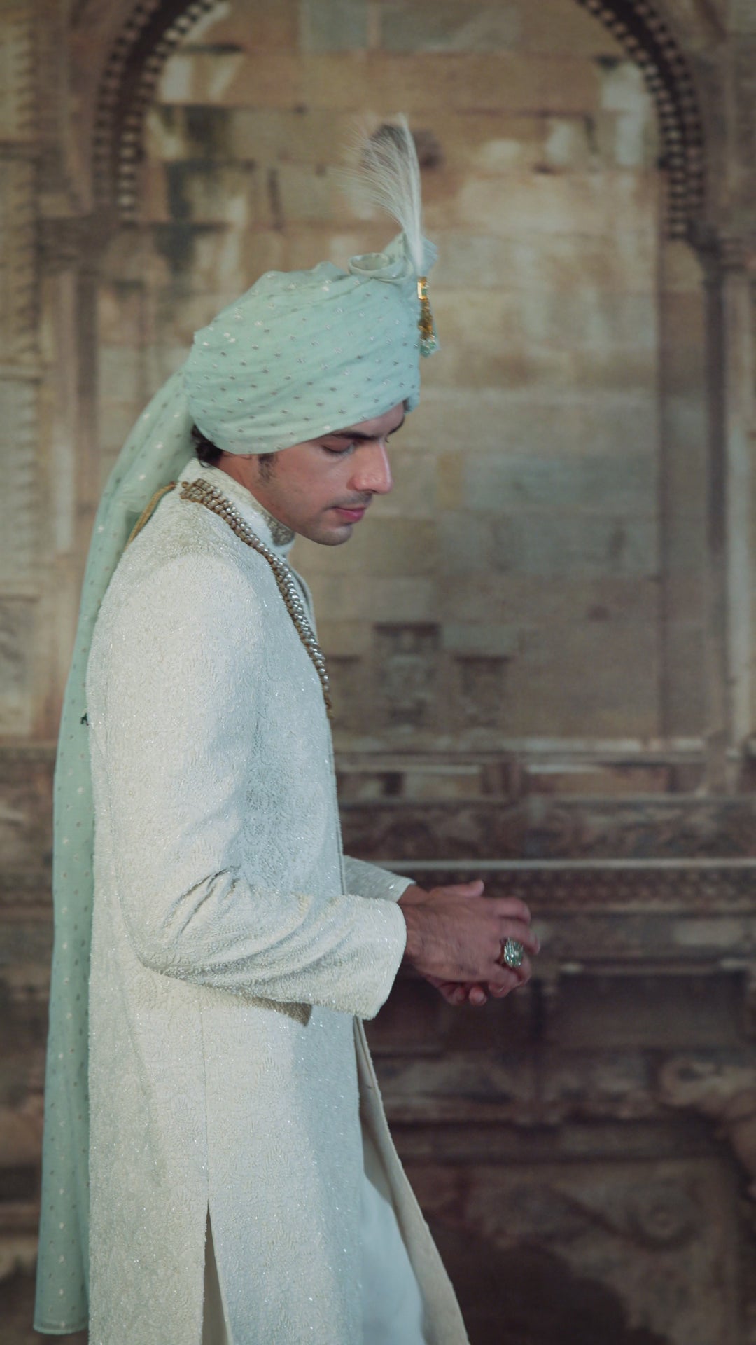 Ivory Self Embroidered Sherwani Set