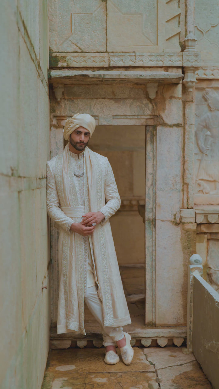 Linen Silk Brocade Zardozi Sherwani Set