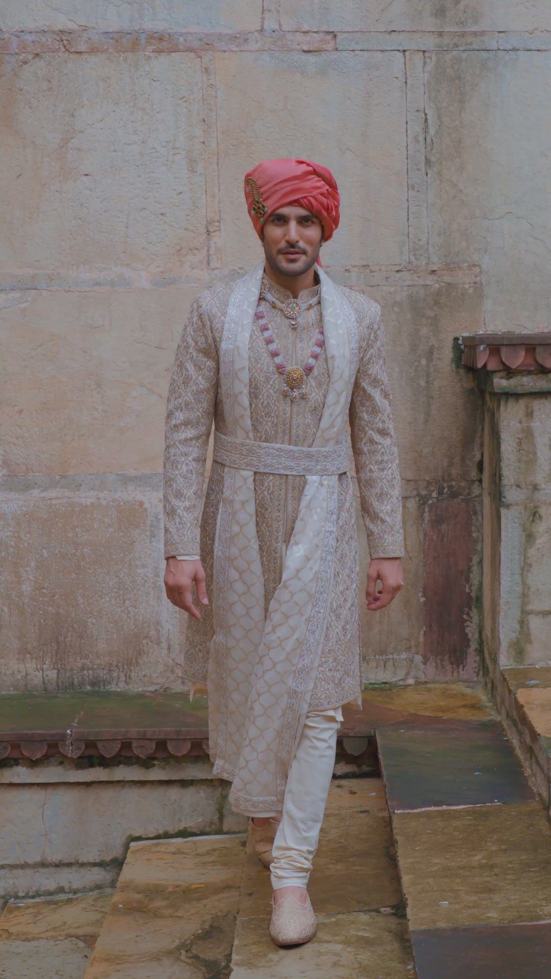 Gold Twill Woven Sherwani Gold Embroidery