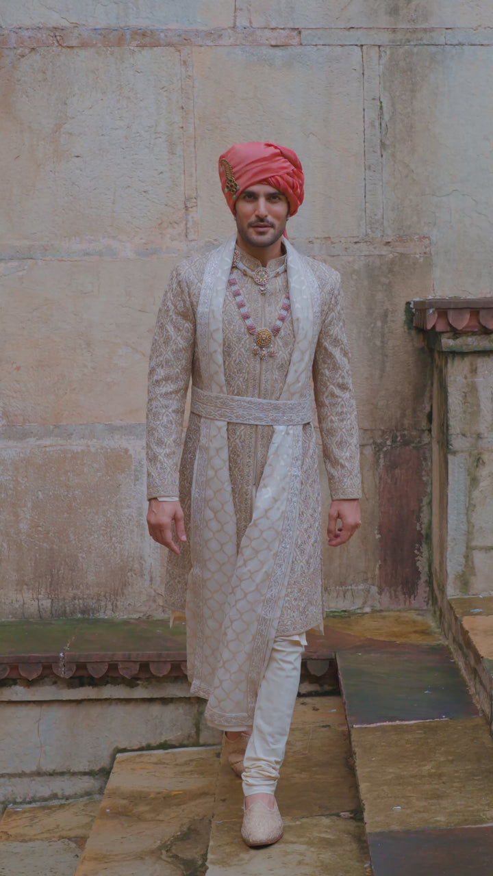 Gold Twill Woven Sherwani Gold Embroidery