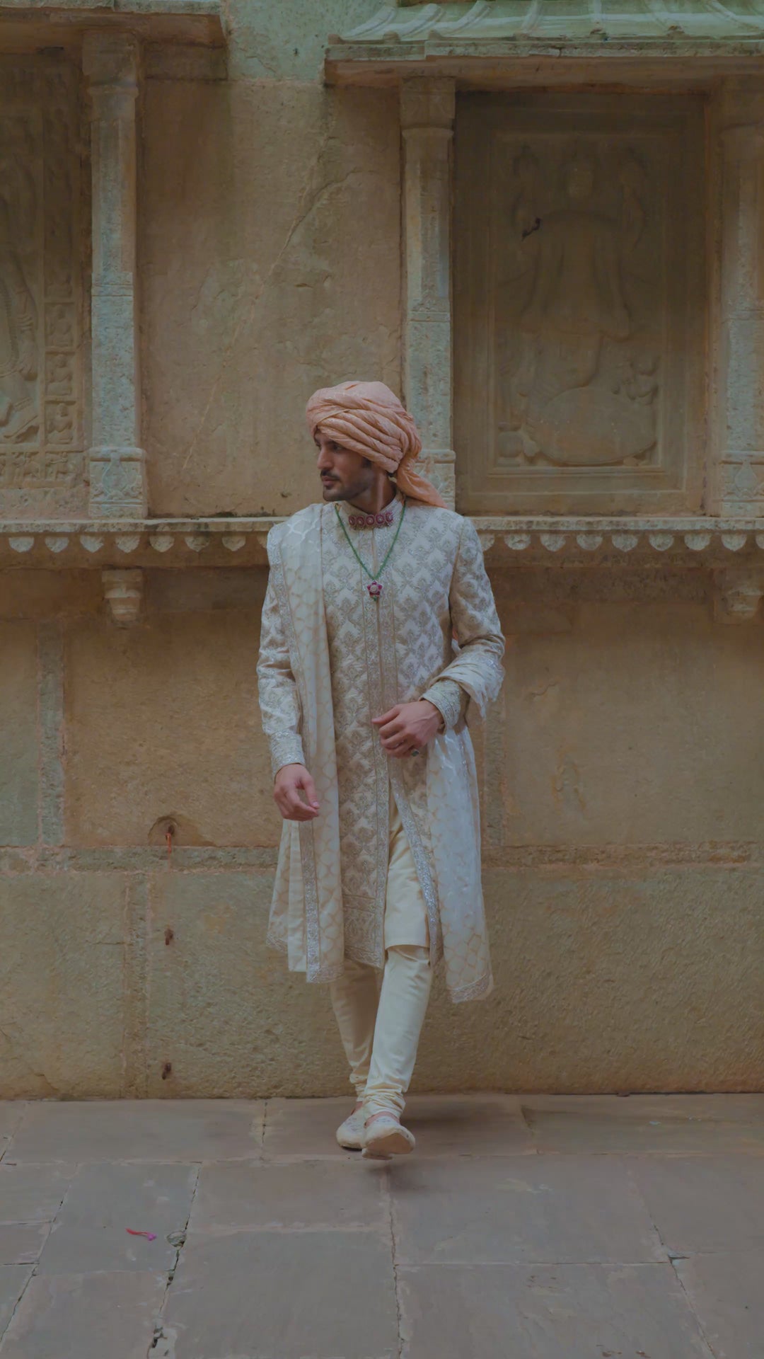 Ivory Tafetta Silk Dabka Jaal Sherwani Set