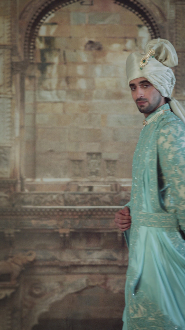 Aqua Brocade Sherwani Dori Work
