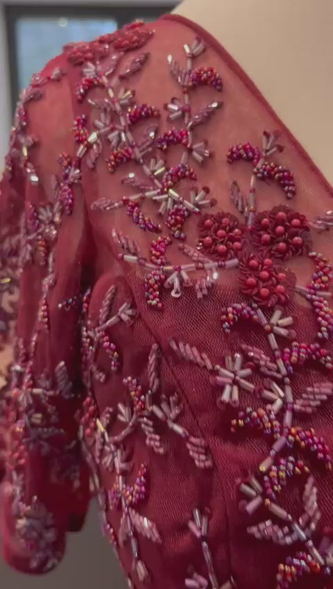 Burgundy Ruffle Saree With Self Embroidery