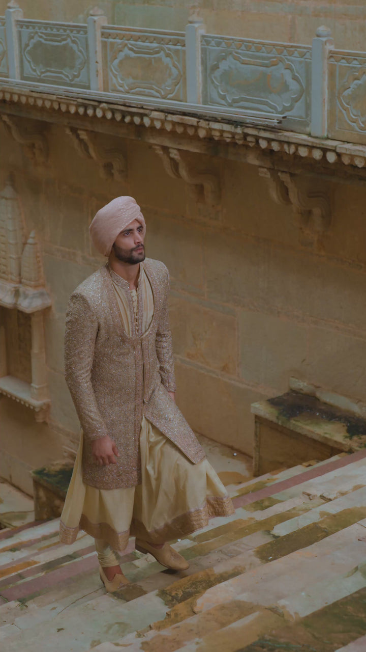 Olive Green Raw Silk Sherwani With Choga Set