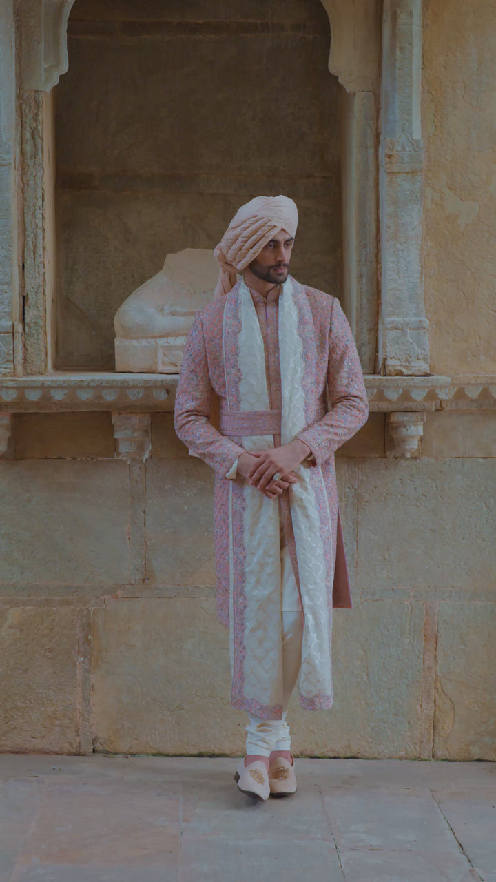Pink Salmon Matka Sherwani With Beige Kurta Churidar Set