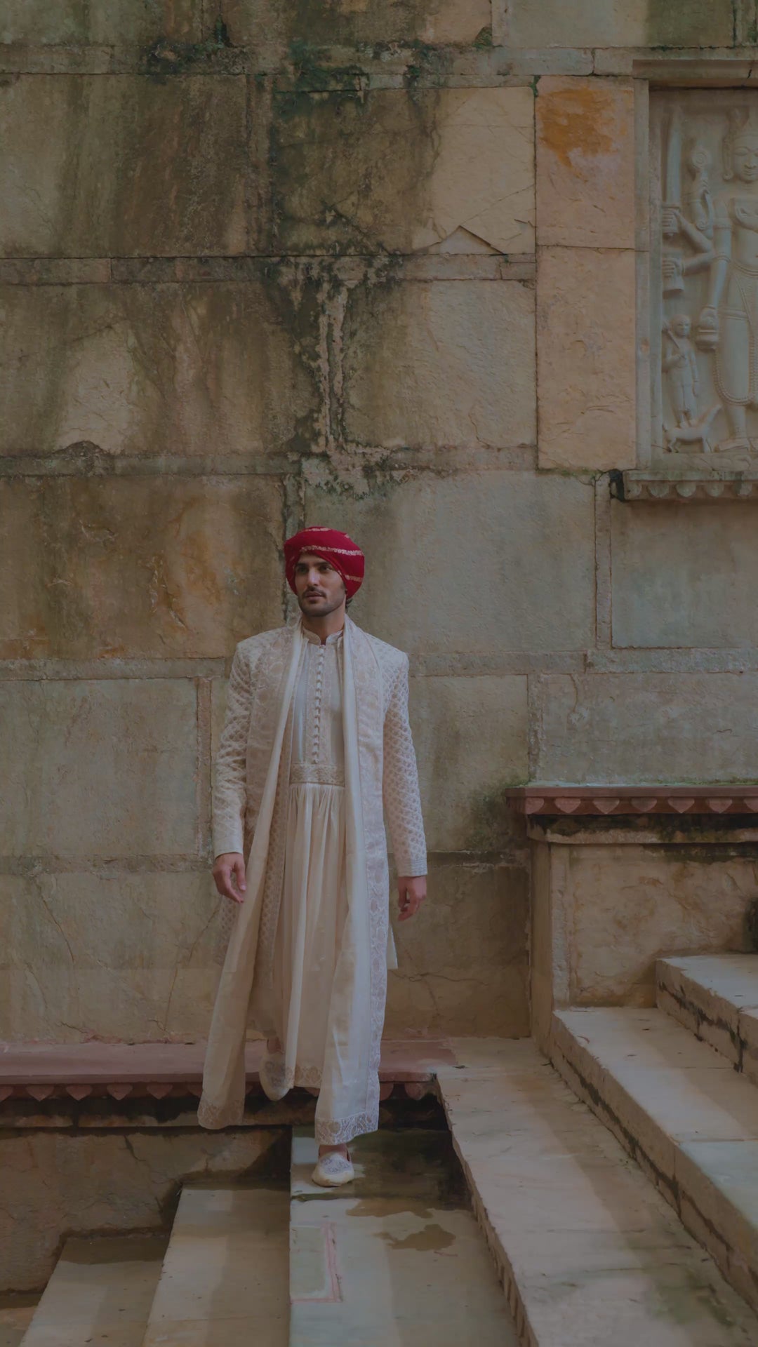 Cream Sherwani Jacket With Choga And Churidar Set