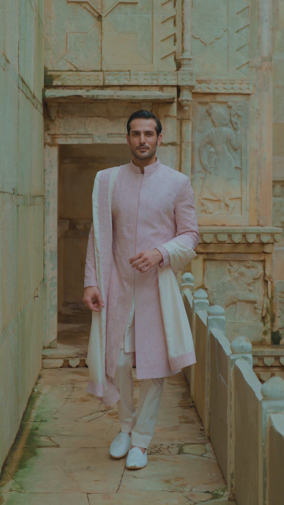 Blush Pink Tafetta Silk Sherwani Set